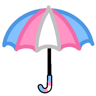 a umbrella that is the colors of the trans flag with a black handle. The bottom of the handle also has colors of the trans flag.